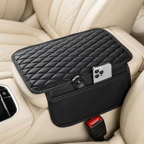 Image of ZIQO Car Armrest Pad | Universal Fit SUV MPV | PU Leather Center Console Cover | Foam Cushion Elbow Support | Dual Side Pockets | Waterproof | Non-Slip | Black