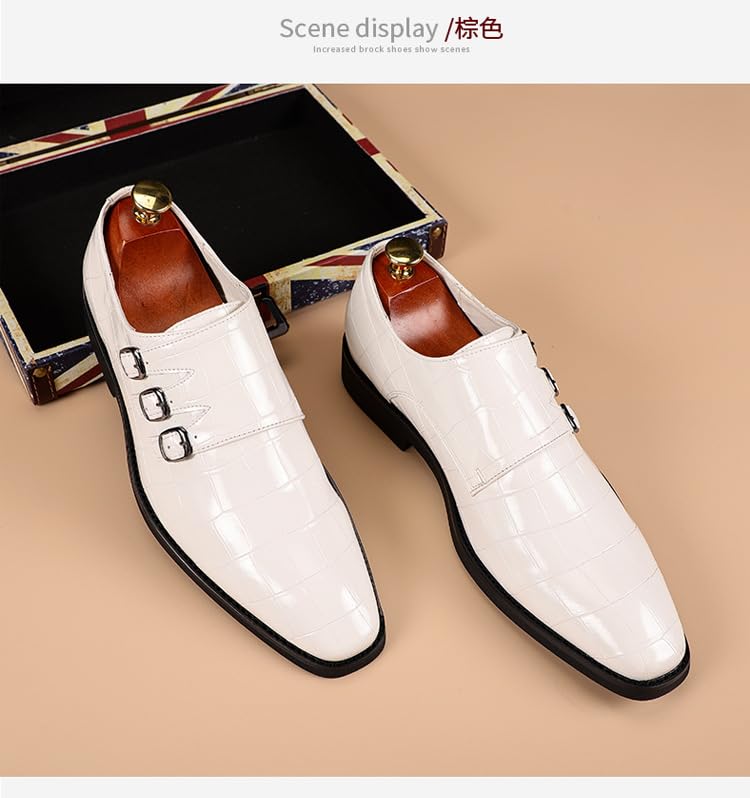 Men's Printed Oxford Dress Shoes, Stylish Metal Buckle Comfortable Slip-on Pointed Toe Dress Shoes Business Wedding Slip-on Men's Loafers (White,12.5)2