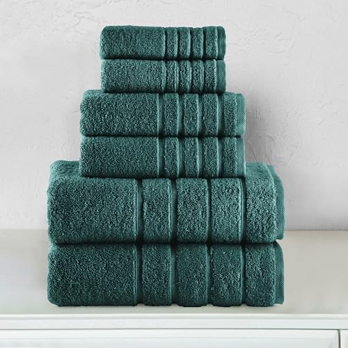 Image of Elegant Comfort 4 Lines Viscose Stripe 6-Piece Premium Towel Set - 100% Turkish Cotton High Absorbent Luxury Bathroom Towels - Includes 2 Washcloths, 2 Hand Towels and 2 Bath Towels Set, Hunter Green