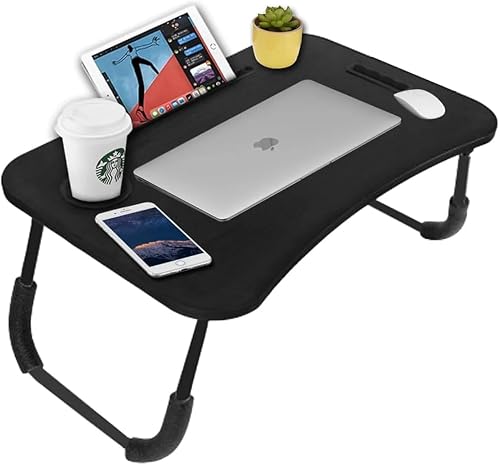 Multipurpose Foldable Laptop Table with Cup Holder, Tablet Holder, Black or Oak, Portable (Black)