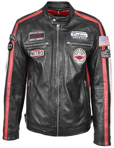 Mens Soft Leather Biker Jacket with Racing Stripes Sports Badges Casual Fitted Style