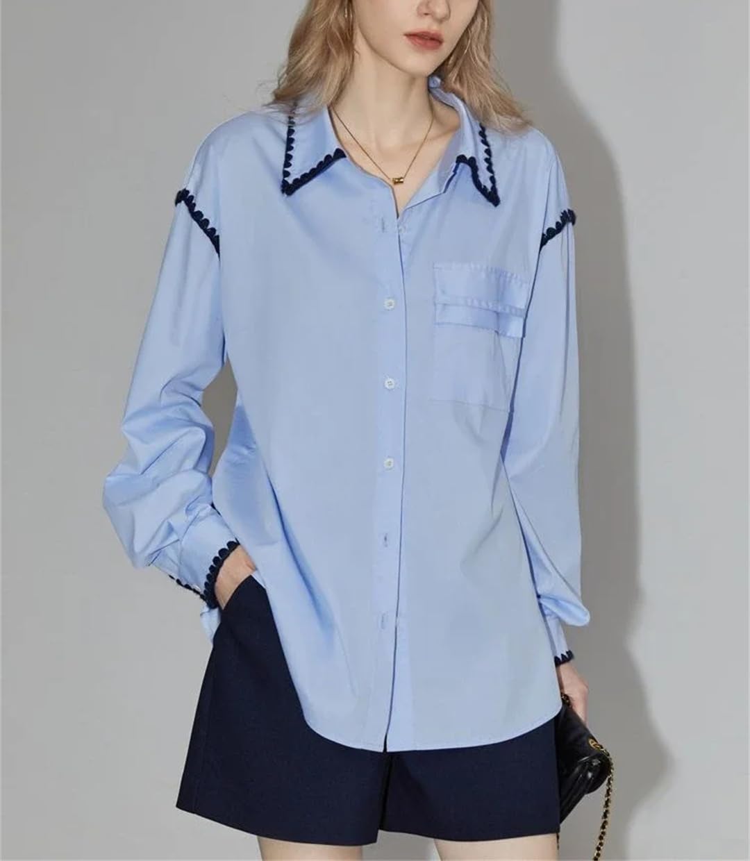 Chemisier ample à manches longues élégant pour femme - Col à revers tissé - Style décontracté