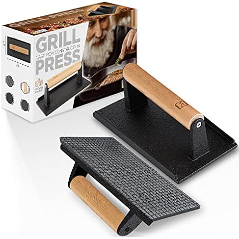 Shop Square Cast Iron Grill Press - Pre-Seasoned 8 x 4 Inch, 2.6 lb Heavy Duty Meat Press with Cool-Touch Wood Handle for Steak, Burgers, Sandwiches, and Griddles - Non-Stick Grill Weight Cover