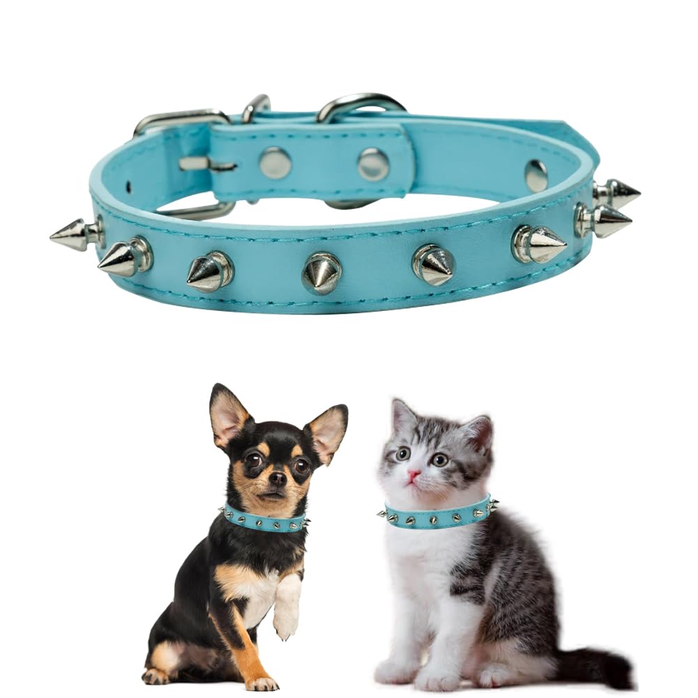 Spiked Dog Collar,Anti-Bite Rivet Small Dog Collar，Protective Pet Neck Pu Leather Chihuahua Collar for Xs Small Medium Large Boy Dogs Male Cats,Sky