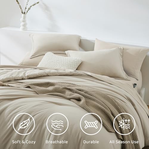 Image of Queen Comforter Set-7 Pieces Soft Prewashed Bed in a Bag Queen Bedding Sets | All Season Comforter with Sheets, Pillow Shams & Pillowcases, Light Oatmeal