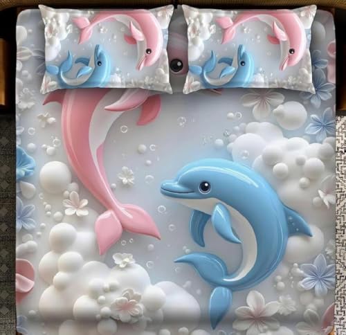 Image of Premium 7D Digital Printed Cotton Flat Bedsheet (90 X 100) Inch with 2 King Size Pillow Covers -300 TC Fabric, Design & Superior Comfort Double Bedsheet for Double Bed (Sky - Dalphine Pattern)
