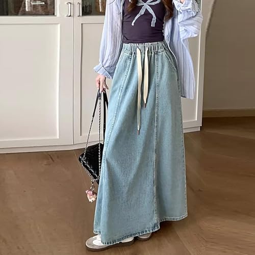 Tempura Women's Denim Long Skirts Elastic Drawstring High Waist A Line Flare Jean Skirt Streetwear4