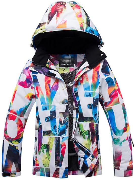 Colorful Ski Jacket With Hood, Winter Sports Snowboard Coat, Multi-Color Abstract Print Design, Waterproof Outerwear