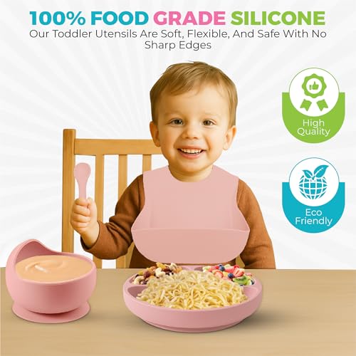 SiliFun 8-Piece Silicone Baby Feeding Set – Complete Infant Mealtime Kit with Suction Bowl, Divided Plate, Bib, Spoon, Fork & Cup – BPA-Free, Dishwasher Safe – Gift-Ready in Premium Branded Packaging2