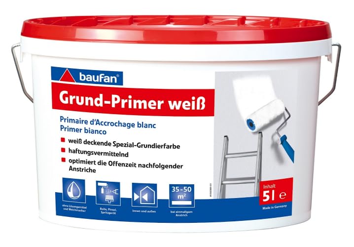 Baufan Primer di fondo per interni ed esterni 5 l | vernice di fondo speciale coprente bianca | promotore di adesione | ottimizza il tempo di lavorabilità delle successive mani di vernice