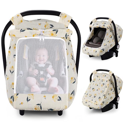 Image of Rquite Car Seat Cover Baby, Carseat Covers Girl Boy, Breathable Muslin Cotton, Large Mesh Window, Infant Car Seat Canopy Baby Carrier Cover Stroller Sun Shade for Summer & Hot Day