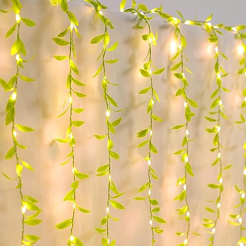 Image of URM Artificial Leaf Curtain LED String Light, 200 LEDs, 8 Modes, Adjustable Brightness, Perfect for Bedroom, Garden, Birthday & Festive Decor (10x3Feet, Green Color) Corded Electric