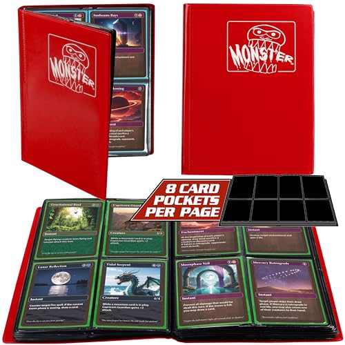 Monster 4 Pocket Trading Card Album - Matte Red Binder, Anti-Theft & Anti-Drop TCG Protection w Side Loading Pockets, Holds 160 Cards-Compatible with Yugioh, Pokemon, MTG Magic the Gathering Cards