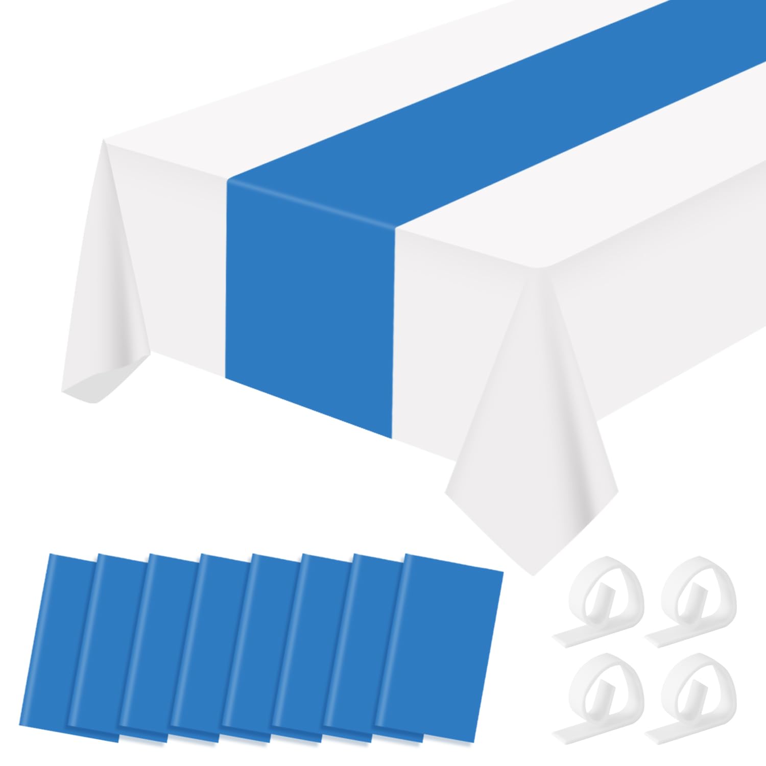 Photo 1 of Premium Disposable Plastic Table Runner 14 x 108 Inch Table Runner for Wedding Dinner Birthday Banquet Halloween, Christmas Party Decoration (Blue, 8 Pack Rectangle) Blue 8 Pack