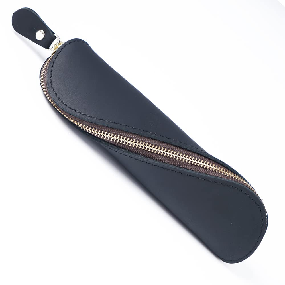 Leather Pencil Case S-Shaped Zippered Pen Pouch Elegant and Practical Pencil Cases for Adults and Students(Black (L）)