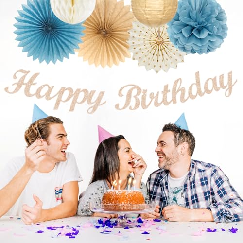 Image of Light-Dusty Blue Beige-Champagne Women Birthday-Decorations - 21pcs Boho Neutral Happy Banner Garland,Paper Streamers Lanterns,Flower Tissue Pom Poms Fan Supplies,Wall Backdrop Party Decor Huglony