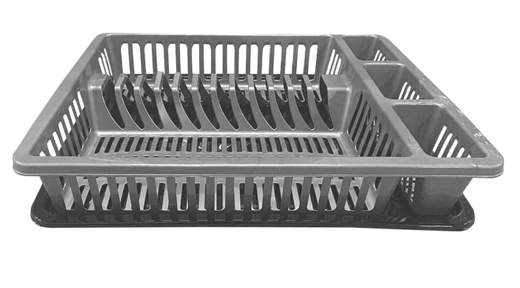 BH | Dish Drainer Rack with Drip Tray | Gray | Large Plastic Plate Cutlery Cup Holder |Kitchen Sink Utensil Organizer | Food-Grade BPA-Free - Pack of 1 - By BEST HOUSE