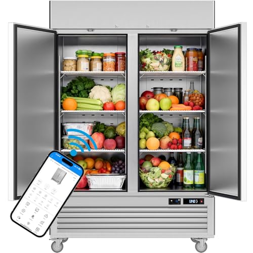 Image of VEECOOL 54.4" W Commercial Refrigerators WiFi-Enabled, 49 cu.ft. Stainless Steel Reach in Fridge with 8 Shelves, APP & Digital Control, LED Lighting for Restaurant, Bar, Cafe, ETL&ETL Sanitation