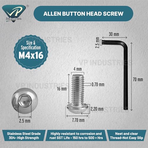 Image of Rely⇒VP INDUSTRIES (Pcs-25) M4x16 mm Button Head Cap Screw Stainless Steel Grade 304 | Allen Round Mushroom Head Screw with Allen Key 1 Pc