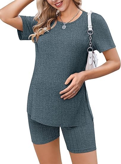 ELESOL Maternity Sets 2 Piece Outfits Ribbed Knit Short Sleeve Shirts and Biker Shorts Pregnancy Loungewear Mama Clothes