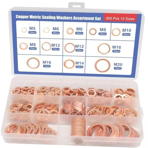 300 Pièces Joint en Cuivre Bague, Rondelles Cuivre, Joint Torique pour Bouchon à Vis, Joint de Bouchon de Vidange D'huile M5, M6, M8, M10, M12, M14, M16, M20...
