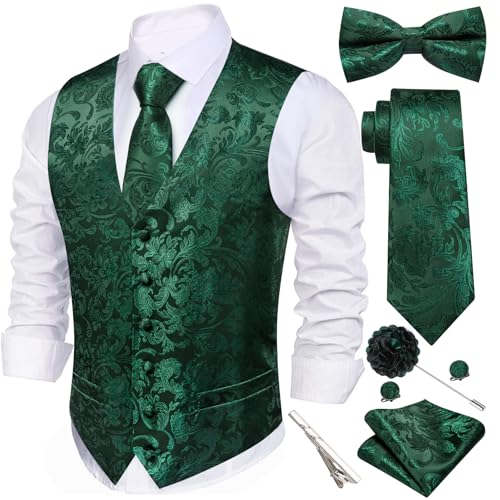 Image of Barry.Wang Men's Suit Vest Tie Bowtie Set Formal Silk Paisley Waistcoat Hanky Cufflinks Lapel Pin Set Wedding Party 7PCS