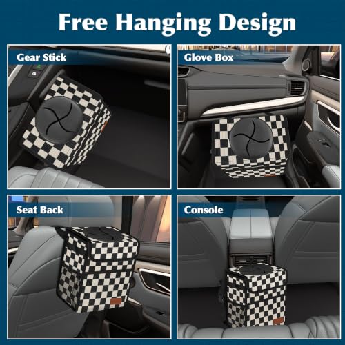 Image of Femuar Leak Proof Car Trash Can with Lid, Collapsible Hanging Waterproof Car Trash Bag with Mesh Pocket for SUV Front Seat Headrest, Black White Plaid