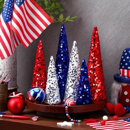 Anglechic 6 Pcs 4th of July Cone Trees Red White Blue Glitter Table Tree Decor Independence Day Cone...