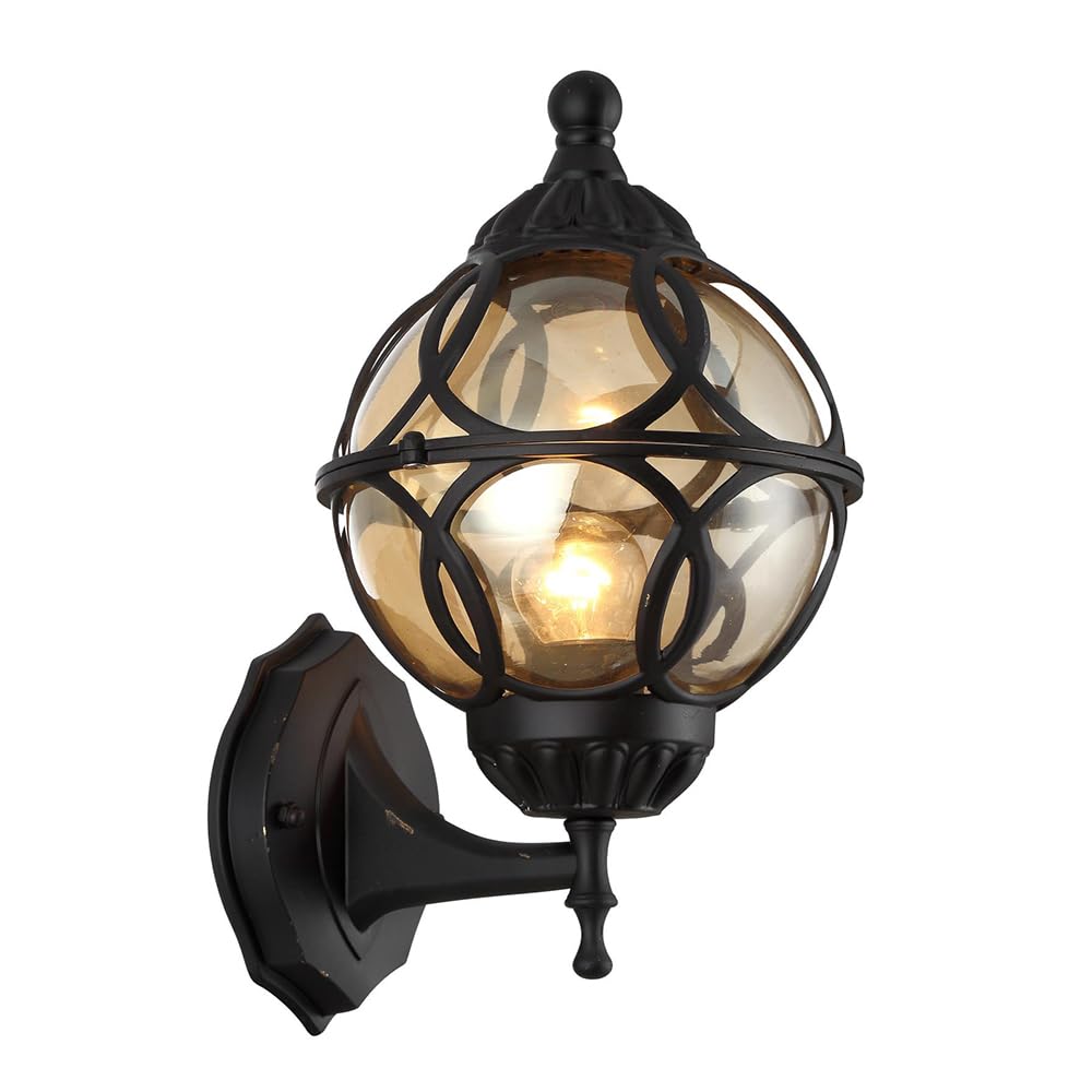 Mengjay Outdoor Wall Lights, E27 Glass Lantern Outside Wall Lights, IP44 Waterproof Aluminium Garden Wall Lights Mains Powered for Patio, Terrace, Balcony, Porch, Garage (Schwarz)
