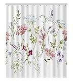 PKQWTM Duschvorhang mit floralem Muster, Wildblumen, rosa Stiefmütterchen, weiß, Queen Anne's Spitze, Polyester, 152,4 x 183,9 cm