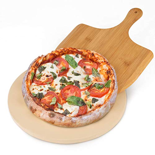 AUGOSTA Round Pizza Stone for Oven and Grill, Free Pizza Peel Paddle, Pizza Cutter Wheel and Pizza Server, Durable and Safe Baking Stone for Grill, Thermal Shock Resistant Cooking Stone, 13 Inch - Thumbnail 3