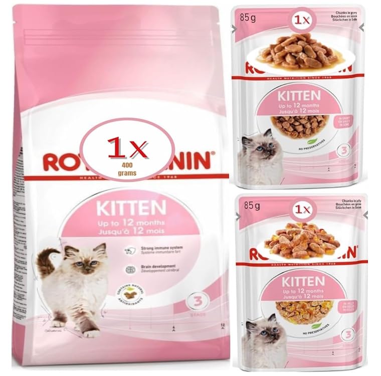 Kitten Dry Food 400g + Kitten Wet Food in Jelly 1 x 85g and in Gravy 1 x 85g, with Chicken, for Kittens up to 12 Months