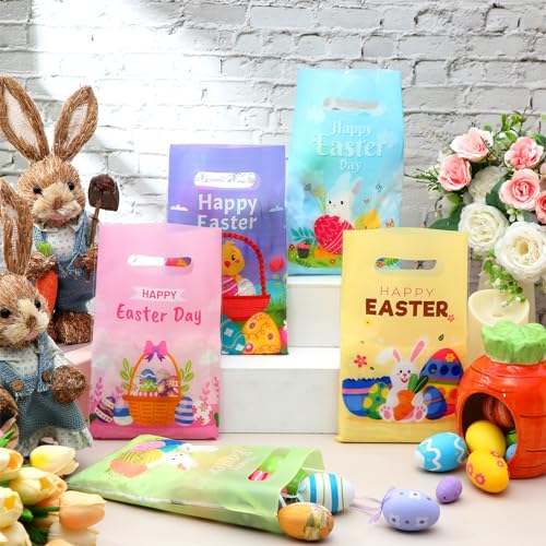 Chivertion 200 Pieces Easter Plastic Gift Bags Bulk Bunny Treat Party Favor Merchandise Goodie Bags with Handle for Easter Party Supplies by Chivertion - Image 6