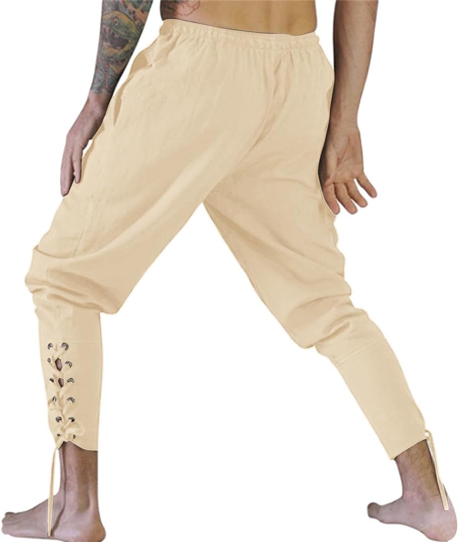 Men Medieval Trousers Pirate Pants Lace-Up Bandage Pants Halloween Vintage Loose Woven Cotton Joggers