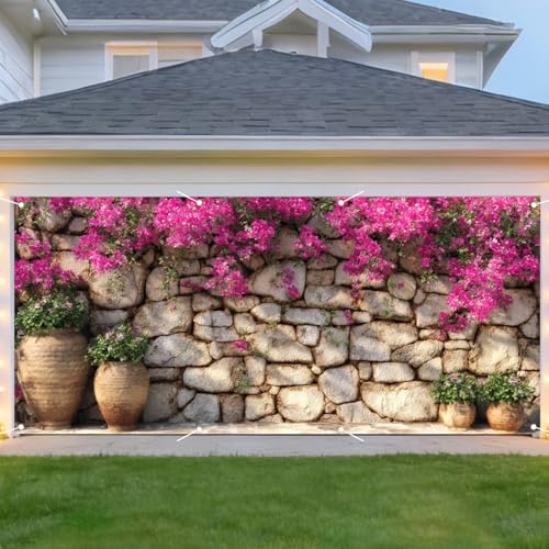 Nuxovilar Spring Garage Door Cover Mediterranean Garden Bougainvillea Pot Plant Decoration Polyester 157.48x70.87 Inches Spring Garage Door Cover for Outdoor Garage Yard Home