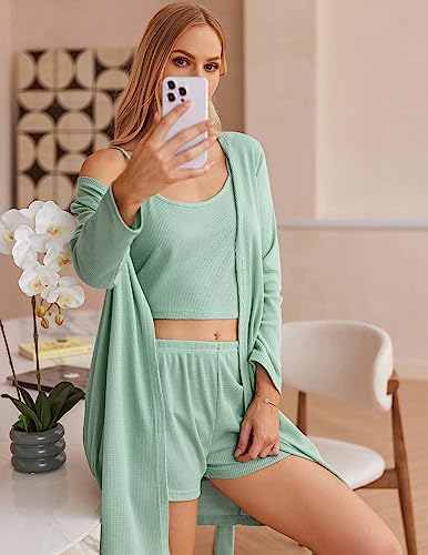 Image of Ekouaer Pajamas for Women Set 3 Piece Lounge Set Soft Pajama Sets Waffle Knit Tank Top and Shorts Cardigan with Pockets S-XXL