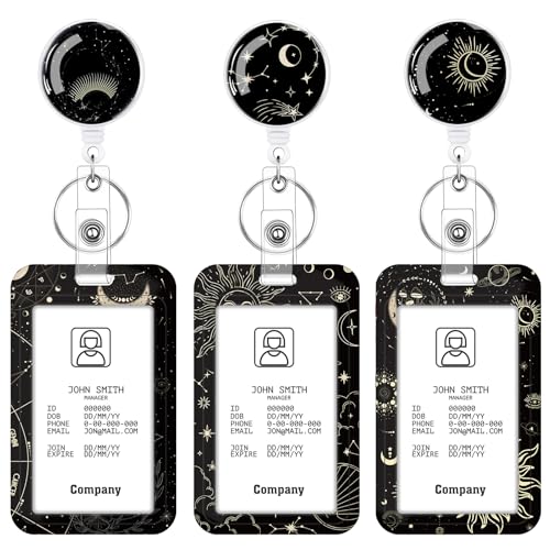 3 Set Moon Star Badge Holder with Retractable Reel, Retractable ID Badge Holders with Clip Card Holder Case for Nurse Teacher Women Office Gift for Coworkers