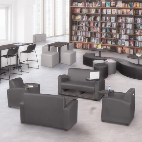 Image of Romig Superstellar Loveseat with 360-Degree Swiveling Tablet Arm, Under-Seat Storage, Ash Grey Finish, Grey Vinyl Upholstery, Ergonomic Seating for Offices, Lounges, or Classrooms