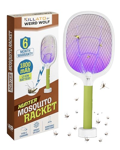 Image of Weird Wolf 2-in-1 Mosquito Killer Racket with UV Light, Base Stand | 1800mAh Lithium Battery | Electric Mosquito Bat with Auto & Manual Mode | Type-C Charging | 6 Months Warranty (Green White)