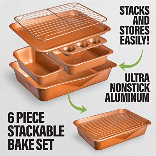 6 Piece Non-Stick Bakeware Set Includes Baking Pans, Cookie Sheet, Loaf Pan, Muffin Tin And More With Premier Ti-Cerama Copper Coating 100% Pfoa Free #TOP1