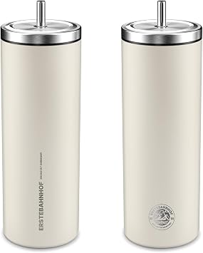 ERSTEBAHNHOF Titan Ceramic Coated Tumbler Vacuum Double Wall with Stainless Steel Straw, Twist Lock Lid, Leak Proof, Cold or Cold Cream, 600ml