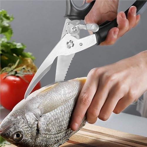 Heavy Duty Kitchen Scissors - All Purpose Shears for Cutting Meat, Poultry, Fish & Bones - Ergonomic Design, Red Color, Ideal for Home Cooking & BBQ