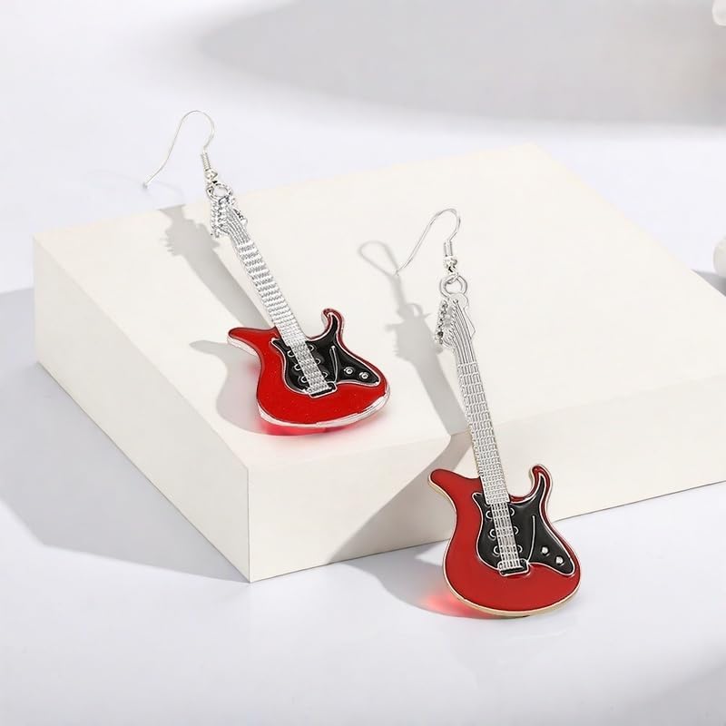Personalized Electric Guitar Dangle Earrings Set, Red and Black Musical Instrument Fashion Jewelry for Rock Music Lovers Singer Etc - Image 2