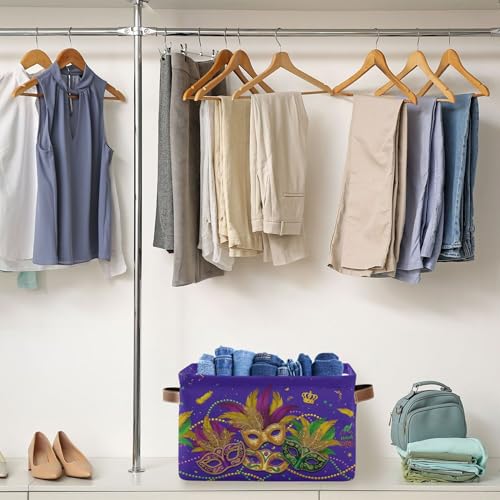 Image of Mardi Gras Purple Storage Basket with Waterproof Liner and PU Handles Masquerade Mask Fleur de Lis Storage Bins Boxes 14.2 inch Collapsible Decorative Organizer Baskets for Bedroom Closet Office 1 Pack