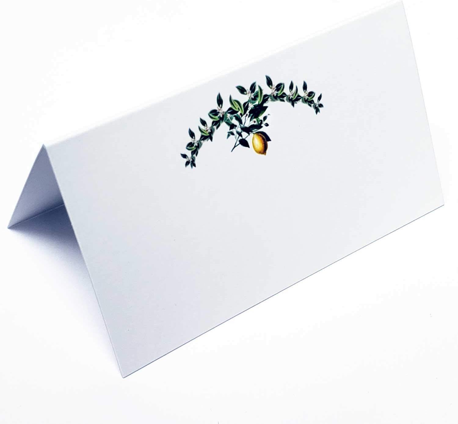 Nancy Nikko Place Cards with Green Leafy Flowery Garland with Lemon for Weddings, Showers, Dinners, Parties and Special Events Table Tent Style, Scored for Easy Folding. Available in Pkgs of 50