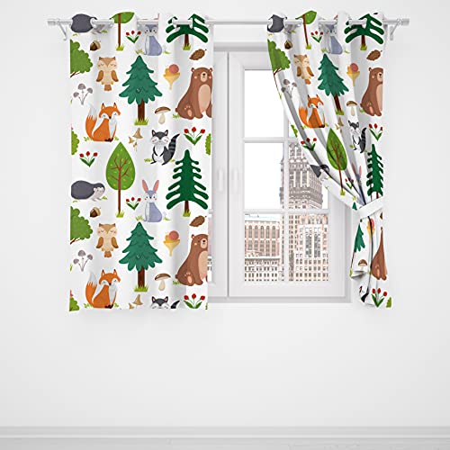 Trelemek Kids Blackout Curtains ,Thermal Insulated Draperies Summer Forest Cute Wildlife Animal And Forests Floral Cartoon Cloth Bedroom Livingroom Curtain 72X63Inch(183X160Cm), White #TOP2