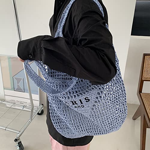New Woven Bag, Straw Mesh Tote Bag, Beach, Shoulder Bag, Hobo Women, Foldable Large Capacity, For Holiday, Picnic And Party. (Blue) #TOP2