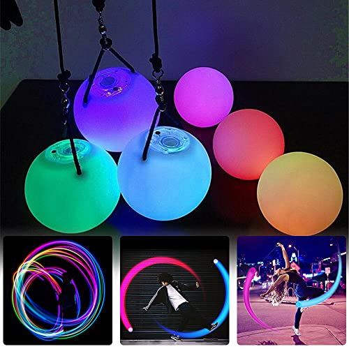 SKJJL Led Poi Bälle, 2 Stück Poi Jonglierbälle, Jonglierbälle Leuchtend mit Regenbogen Farben und Strobe-Effekt, Led Poi Ball mit Verstellbaren Doppelschlaufen-Leinen für Spinnen Schwingen Bauchtanz