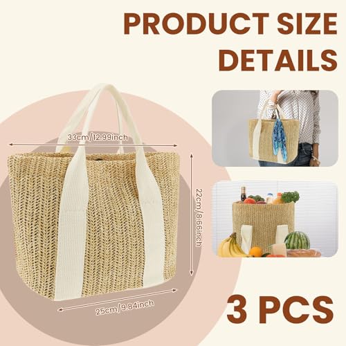 3 piezas de bolsas de playa tejidas a mano para mujer, 9,8 x 5,5 x 8,7 pulgadas, bolsa tote tejida de yute y malla hueca, con asa y correa para hombro, ideal para vacaciones, compras y viajes miniatura 2