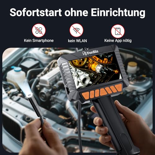 Ferdiiz 4,3 IPS Endoskopkamera mit Licht 1080P HD - IP67 Wasserdichte Inspektionskamera & Rohrkamera mit 8 LEDs, 5m Halbstarre Sonde für Auto, Rohre, Haushalt, Kein WLAN/App Nötig